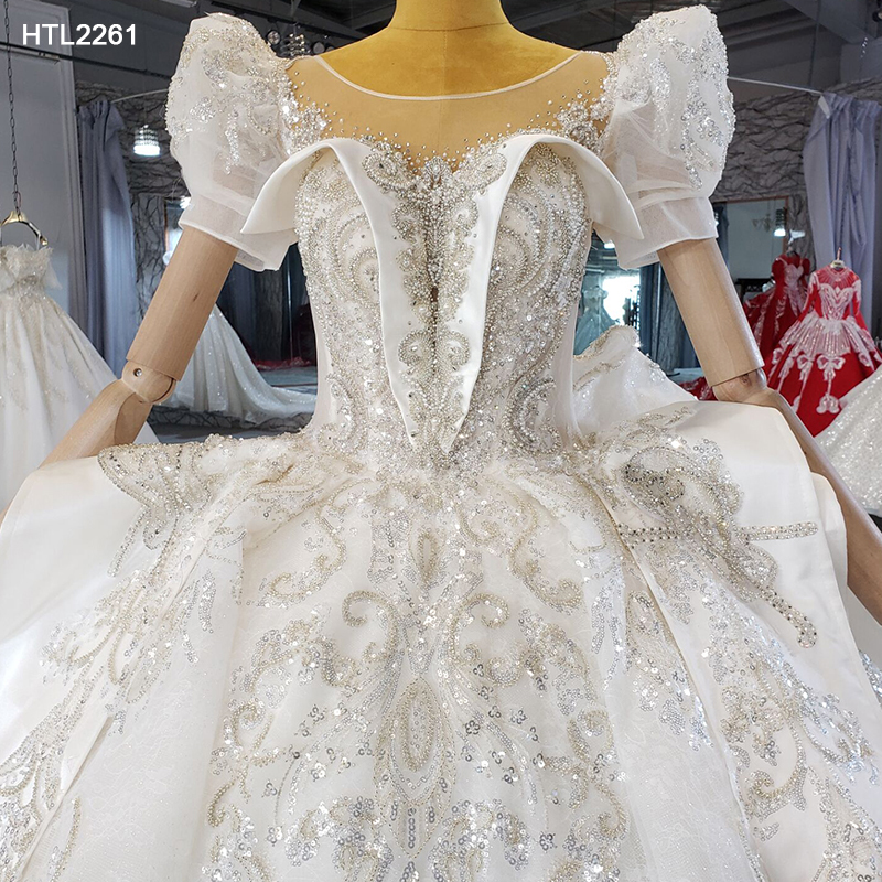 Luxury White Crystal Beads Sequins Puffy Sleeve Lace Wedding Dress